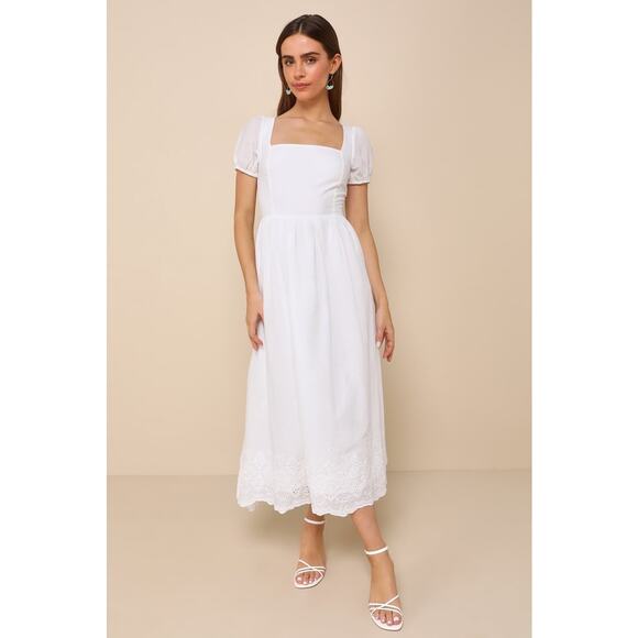 NWT Lulus Stylish Merriment White Puff Sleeve Embroidered Midi Dress Weekend M - Picture 1 of 7